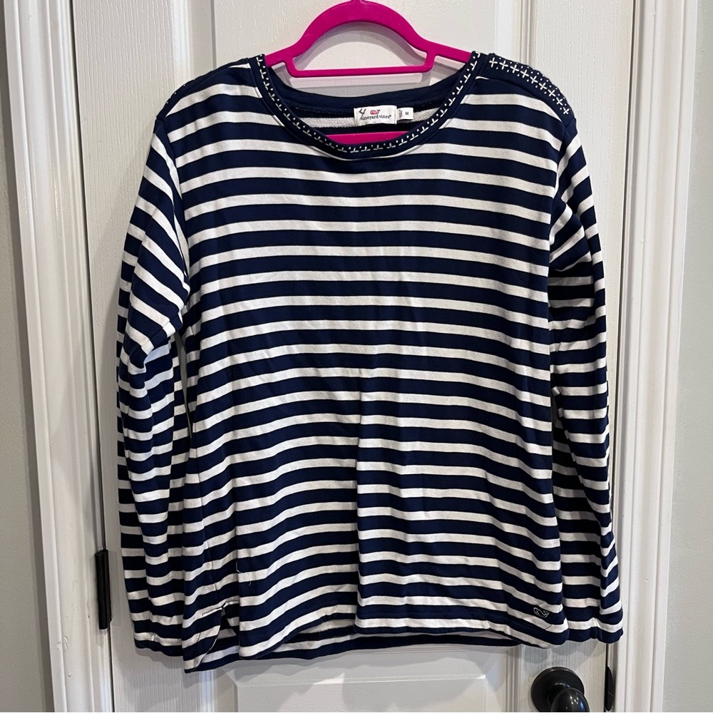 Vineyard Vines Navy Blue White Striped Terry Cloth Pullover Top Medium Coastal